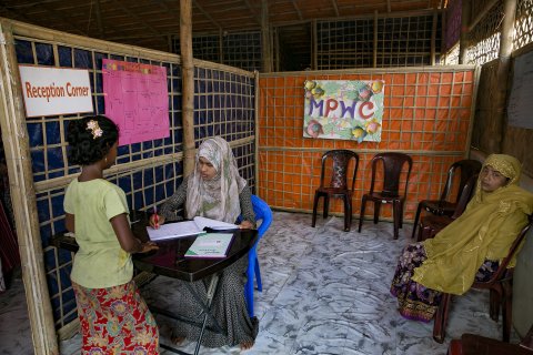 Women in the reception area at the Women's Center in Balukhali camp 5 March, 2018. As of January 2018, UN Women has set up the first Multi-Purpose Women Centre in the Balukhali refugee camp in Cox’s Bazar, in partnership with Action Aid and with support from UN Women National Committee Australia. 